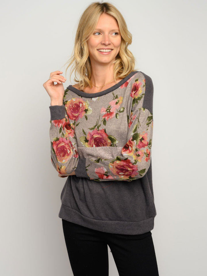 WOMEN'S LONG SLEEVE FLORAL COLOR BLOCK TOP