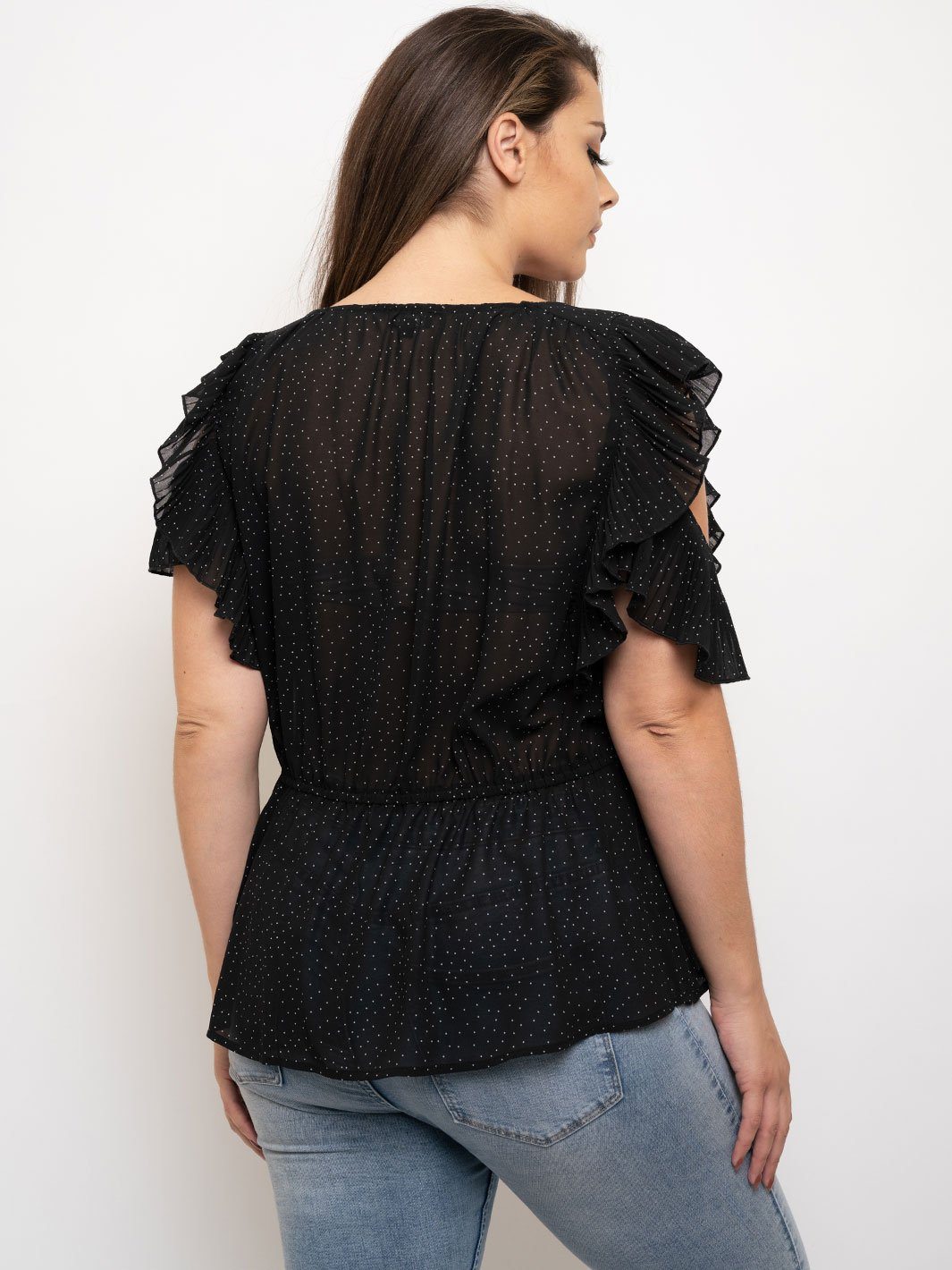 PLUS SIZE COLD SHOULDER PLEATED RUFFLE TOP