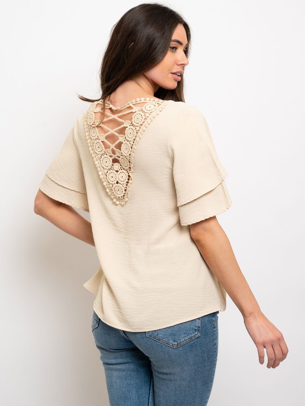 WOMEN'S RUFFLE SLEEVES LACE UP CROCHET BACK DETAIL TOP