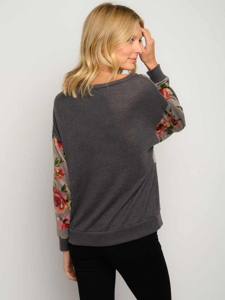 WOMEN'S LONG SLEEVE FLORAL COLOR BLOCK TOP
