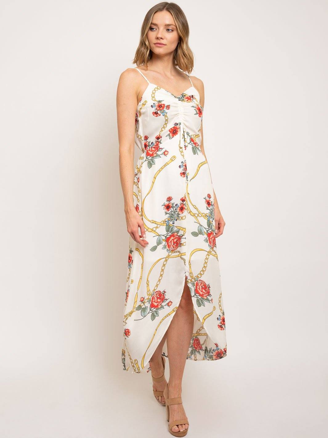 WOMEN'S SLEEVELESS HI-LOW FLORAL PRINT MAXI DRESS