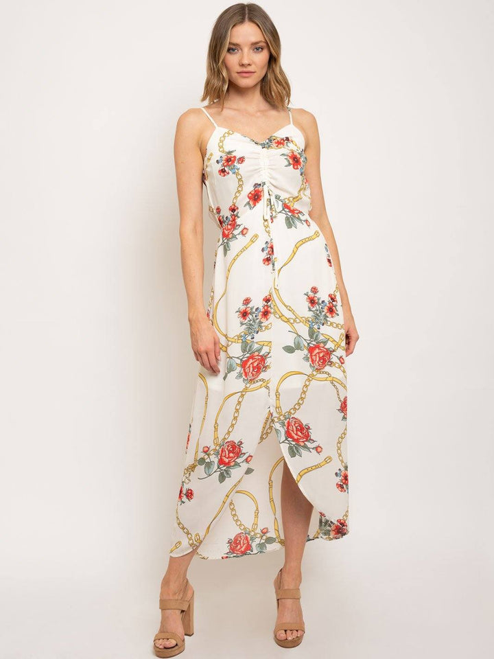 WOMEN'S SLEEVELESS HI-LOW FLORAL PRINT MAXI DRESS