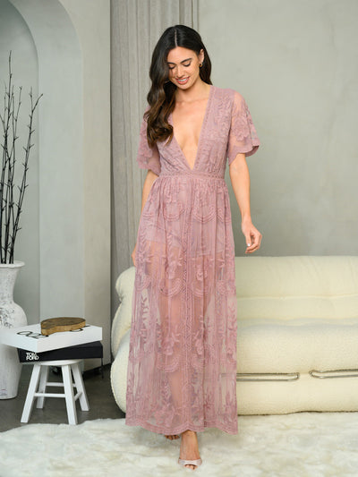 WOMEN'S SHORT SLEEVE V-NECK ALL OVER LACE MAXI DRESS