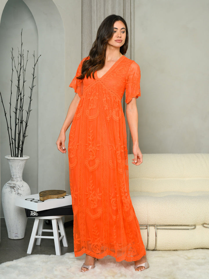 WOMEN'S SHORT SLEEVE V-NECK ALL OVER LACE MAXI DRESS