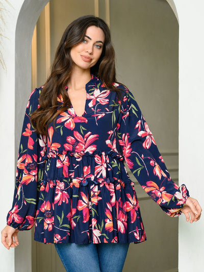 WOMEN'S LONG PUFF SLEEVE V-NECK FLORAL PRINT TUNIC TOP