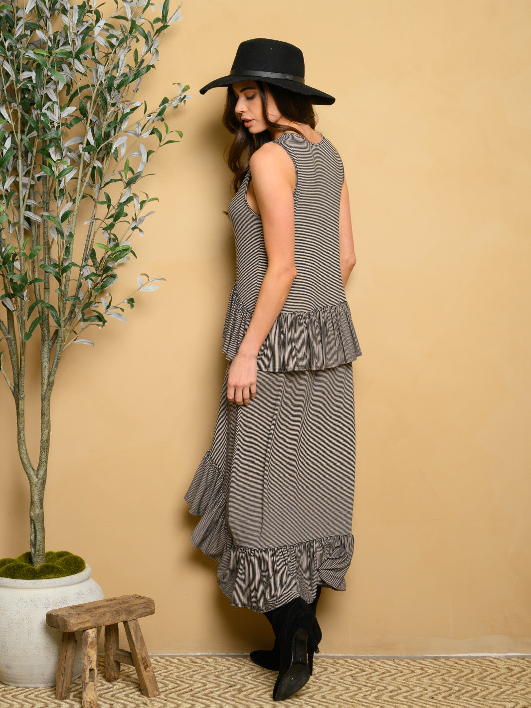 WOMEN'S STRIPED ASYMMETRICAL RUFFLE DETAIL DRESS