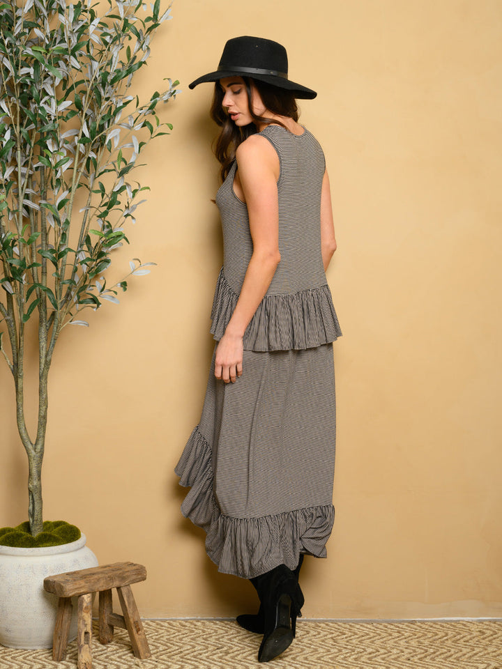 WOMEN'S STRIPED ASYMMETRICAL RUFFLE DETAIL DRESS