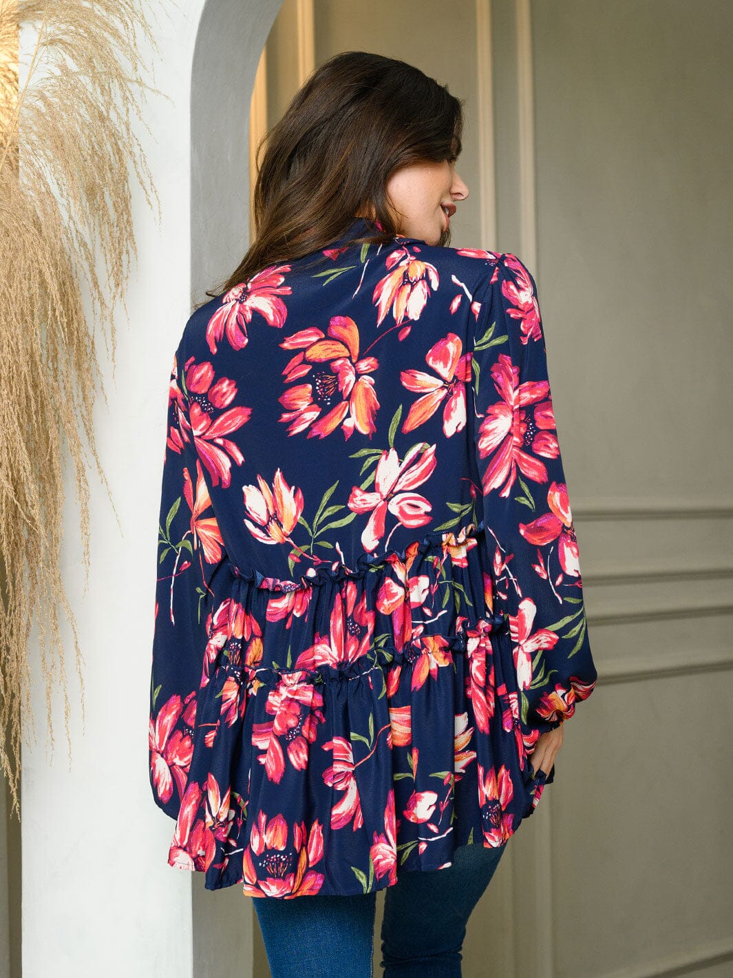 WOMEN'S LONG PUFF SLEEVE V-NECK FLORAL PRINT TUNIC TOP