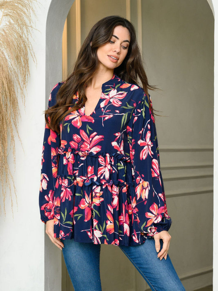 WOMEN'S LONG PUFF SLEEVE V-NECK FLORAL PRINT TUNIC TOP