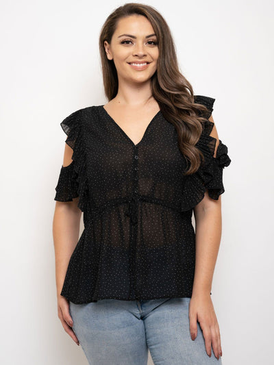 PLUS SIZE COLD SHOULDER PLEATED RUFFLE TOP