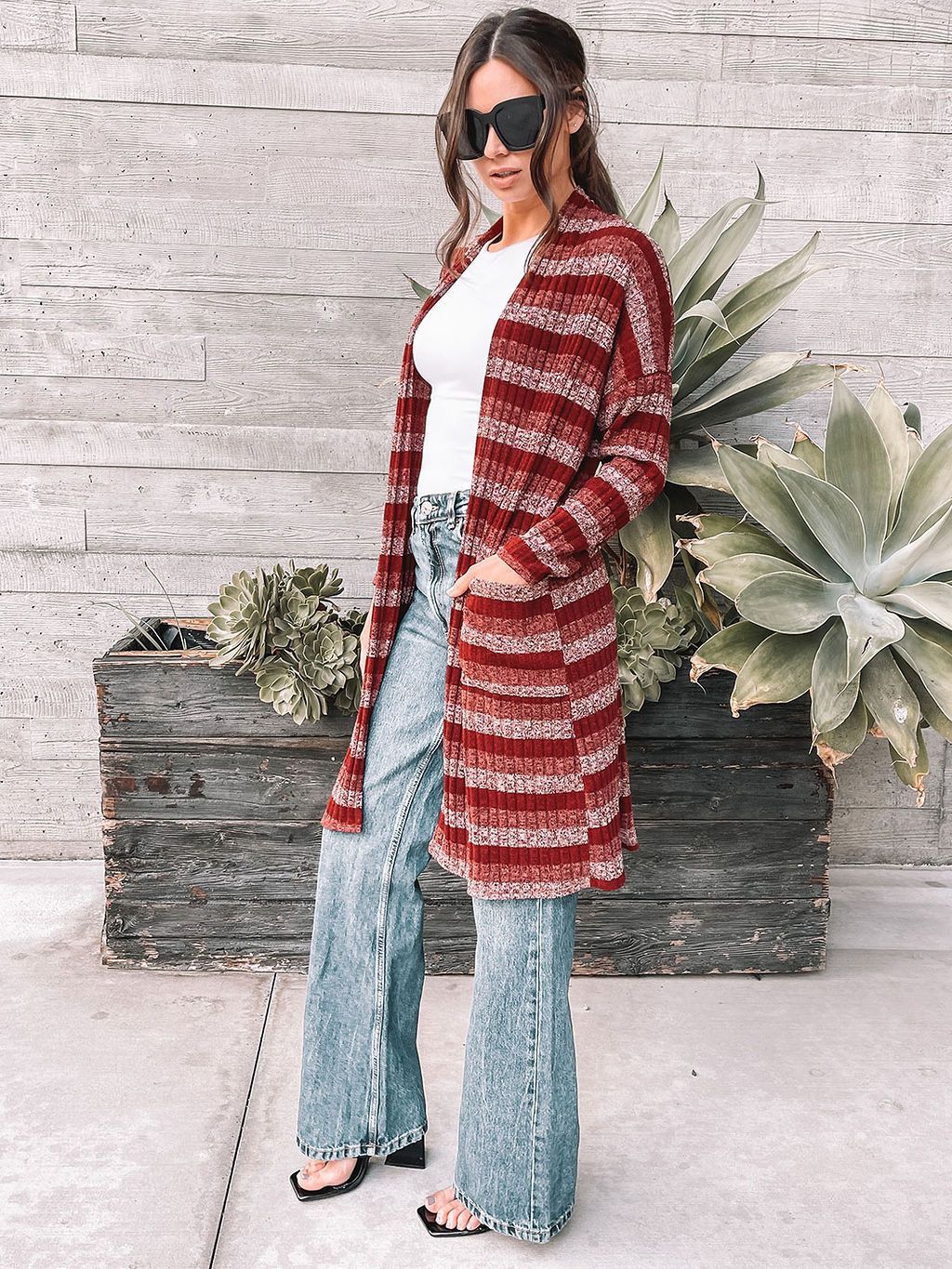 WOMEN'S 3/4 SLEEVES STRIPES POCKET LONG CARDIGAN