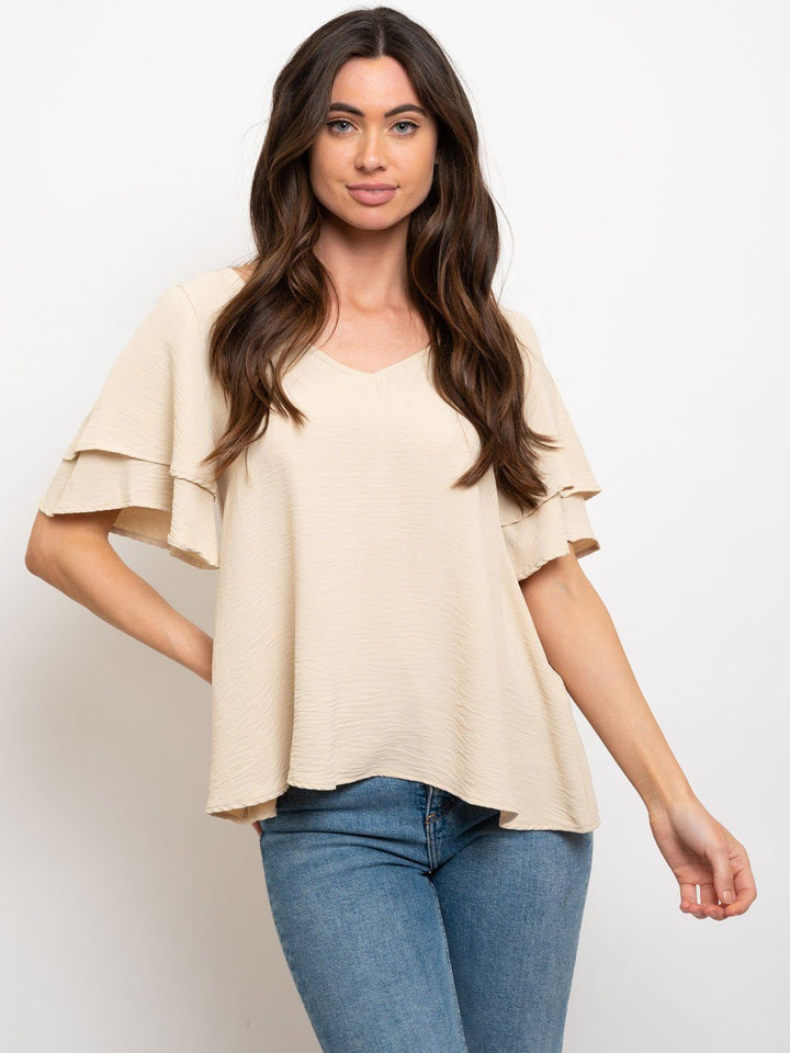 WOMEN'S RUFFLE SLEEVES LACE UP CROCHET BACK DETAIL TOP