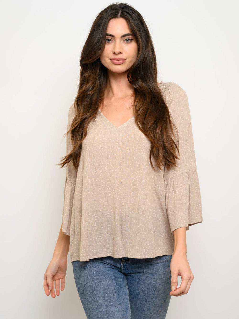 WOMEN'S SMOCK DETAIL V-NECK 3/4" SLEEVE TOP