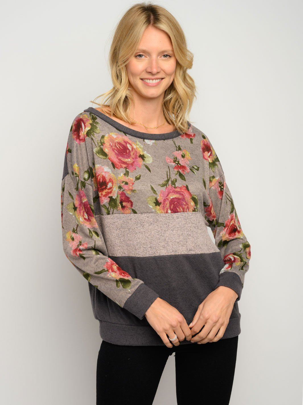 WOMEN'S LONG SLEEVE FLORAL COLOR BLOCK TOP
