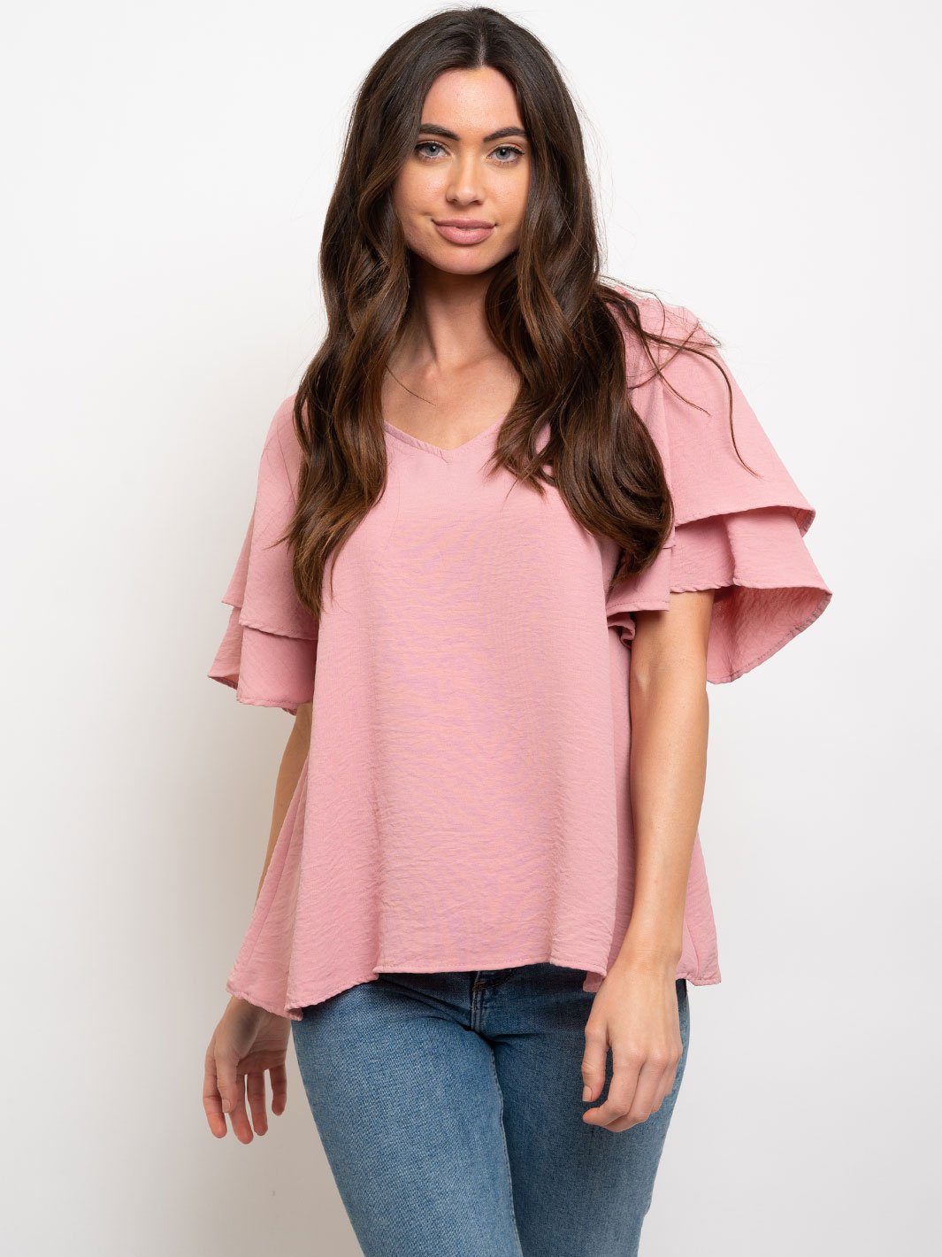 WOMEN'S RUFFLE SLEEVES LACE UP CROCHET BACK DETAIL TOP