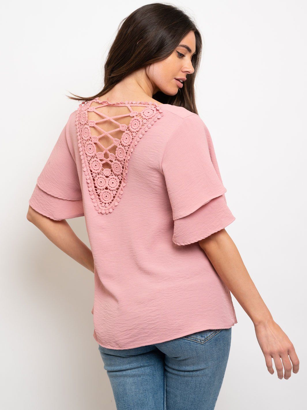 WOMEN'S RUFFLE SLEEVES LACE UP CROCHET BACK DETAIL TOP