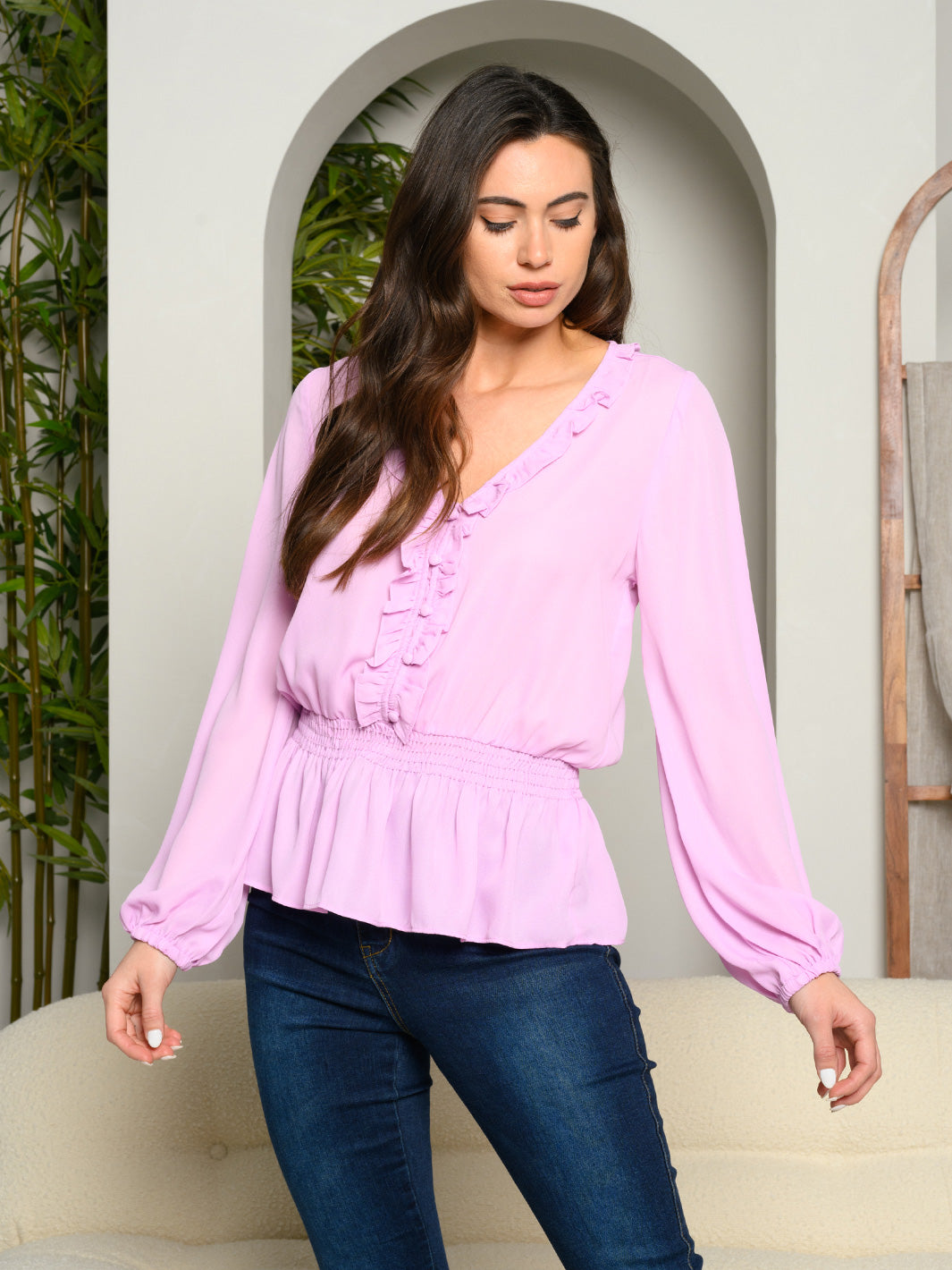 WOMEN'S LONG SLEEVE FLORAL BUTTON DETAIL TOP