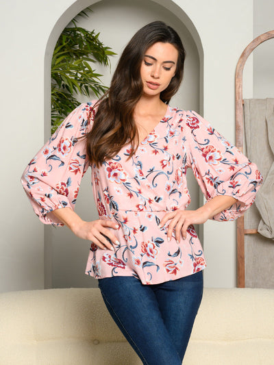 WOMEN'S 3/4 SLEEVE FLORAL WRAP TOP