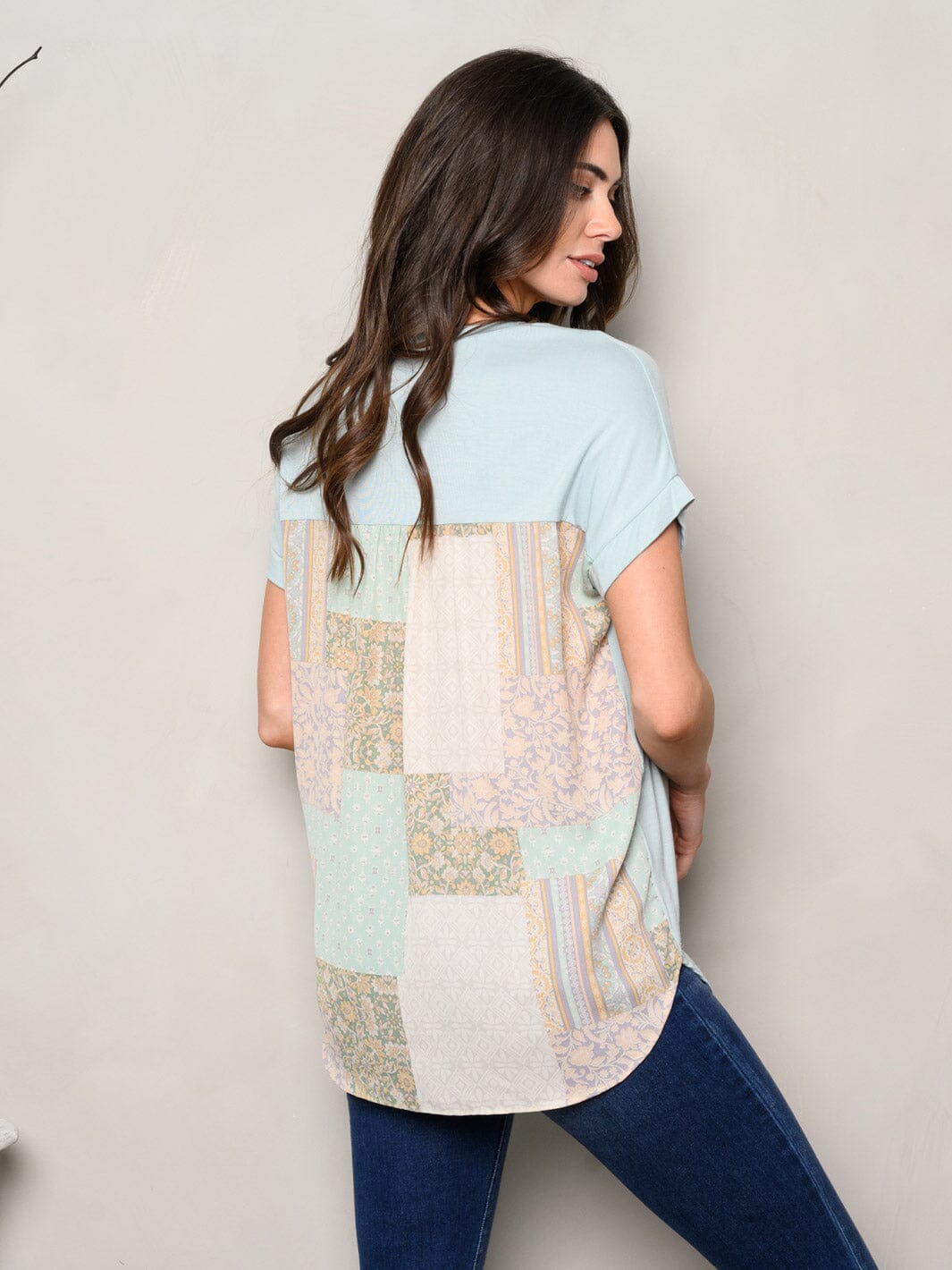 WOMEN'S SHORT SLEEVE COLORBLOCK BACK PRINTED TUNIC TOP ...