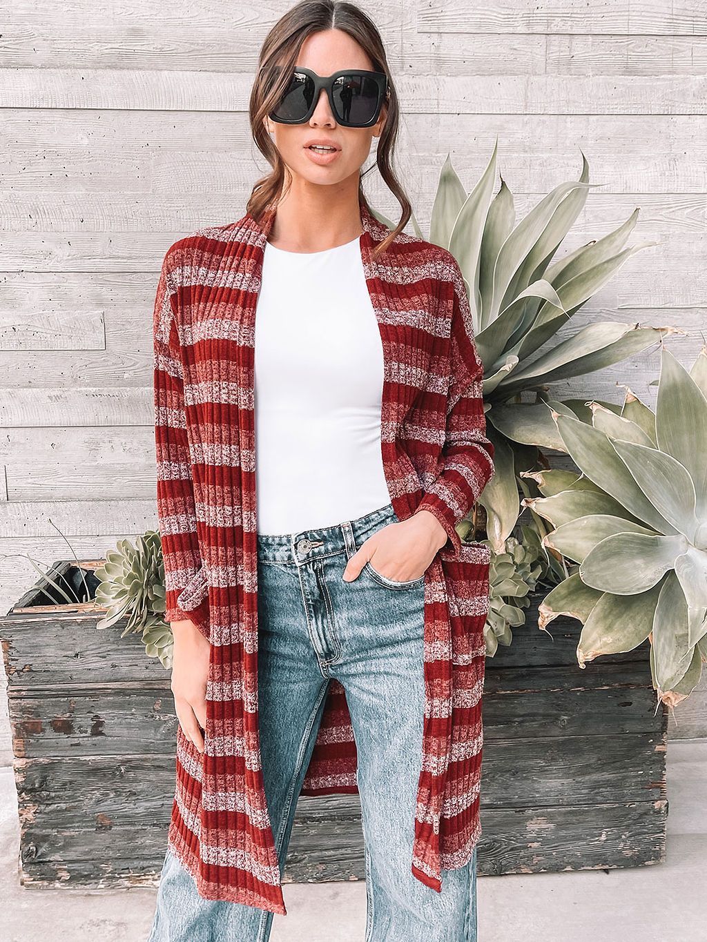 WOMEN'S 3/4 SLEEVES STRIPES POCKET LONG CARDIGAN