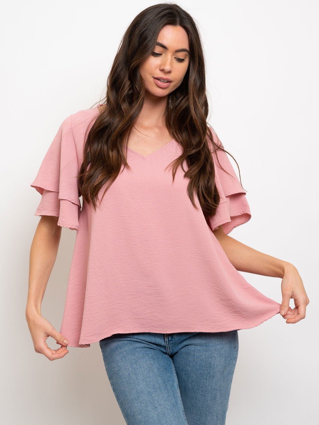 WOMEN'S RUFFLE SLEEVES LACE UP CROCHET BACK DETAIL TOP