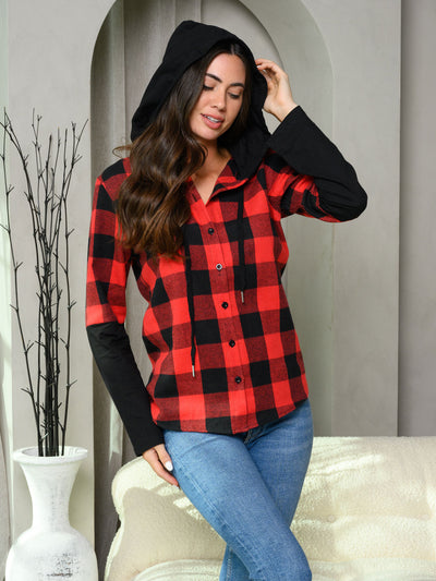 WOMEN'S LONG SLEEVE BUTTON UP PLAID HOODED TOP