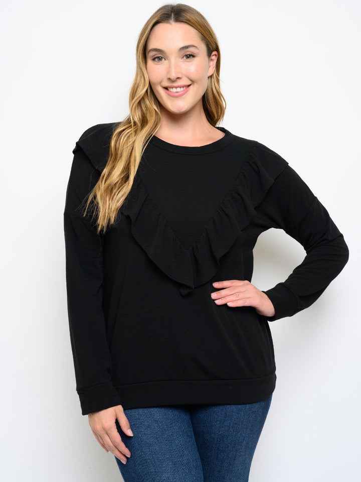 PLUS SIZE LONG SLEEVE RUFFLE DETAIL TOP