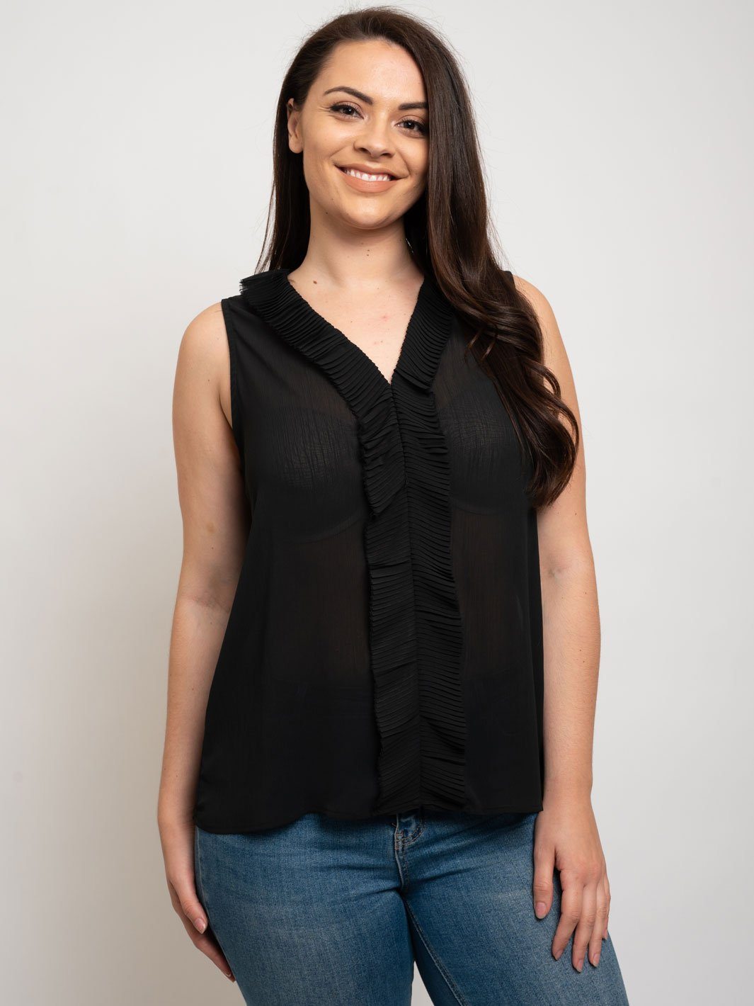 PLUS SIZE PLEATED PLACKET SLEEVELESS TOP
