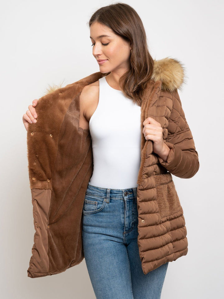 WOMEN'S MID LENGTH HOODED FAUX FUR LINED QUILTED COAT
