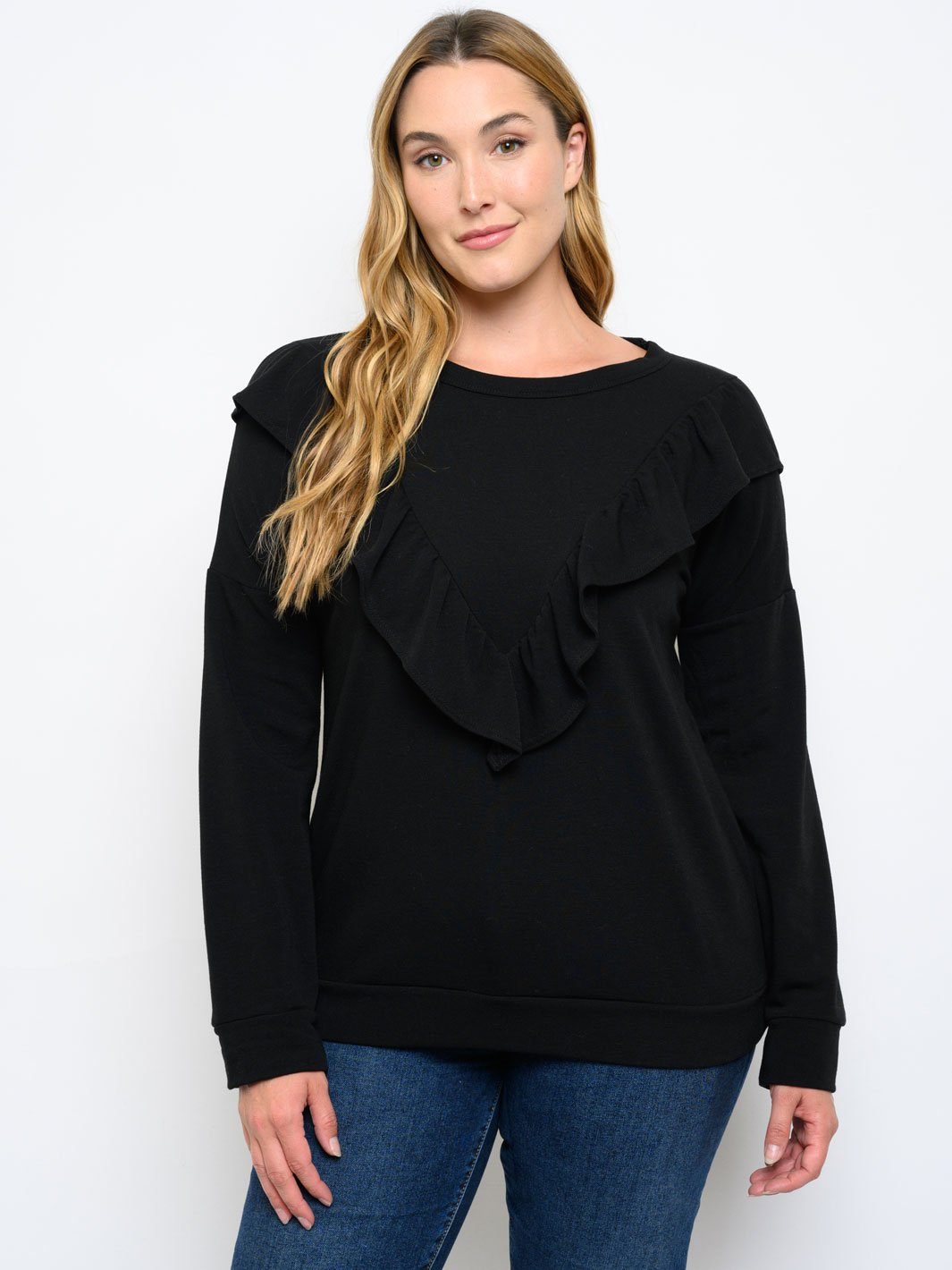 PLUS SIZE LONG SLEEVE RUFFLE DETAIL TOP