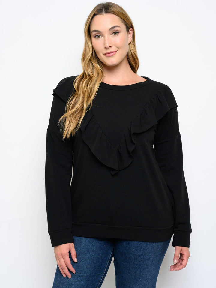PLUS SIZE LONG SLEEVE RUFFLE DETAIL TOP