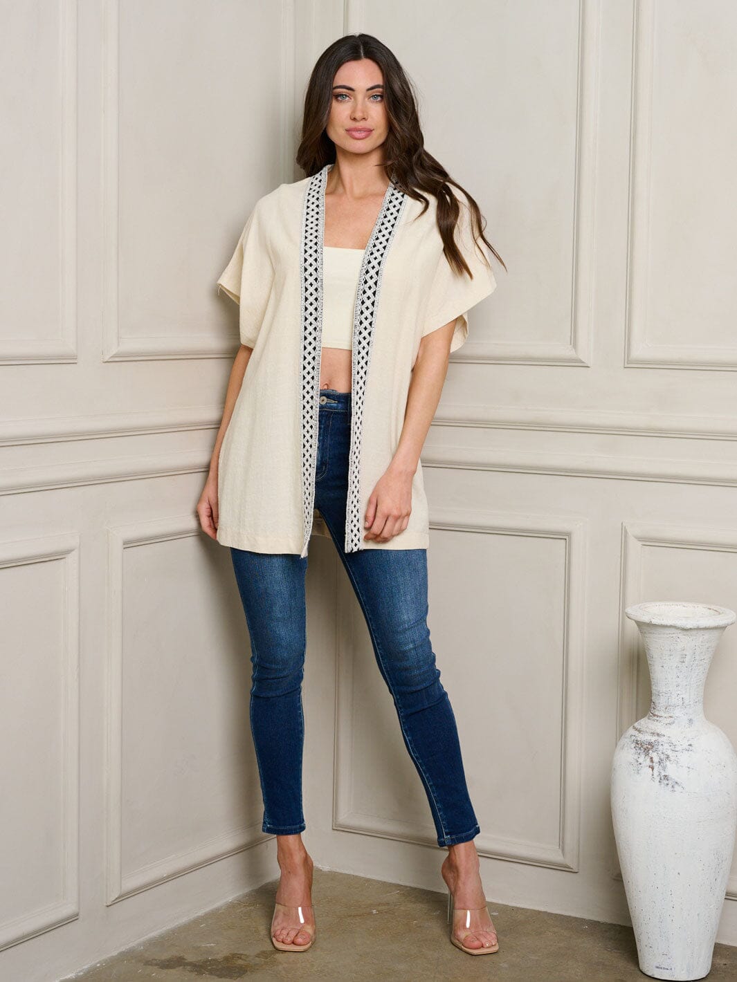 WOMEN'S SHORT SLEEVE OPEN FRONT KIMONO