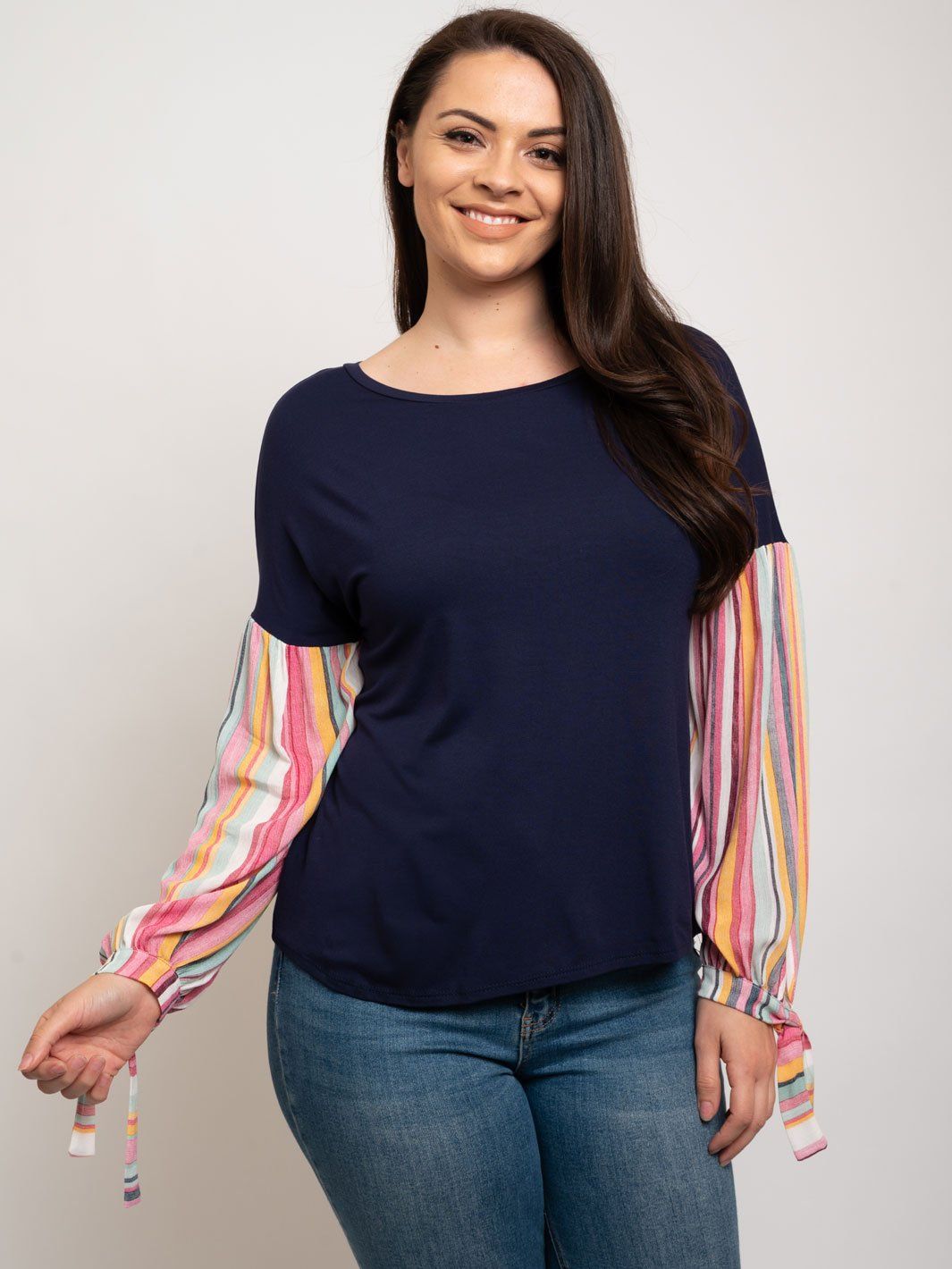 PLUS SIZE CONTRAST STRIPE COMBO SHIRRING SLEEVE TOP