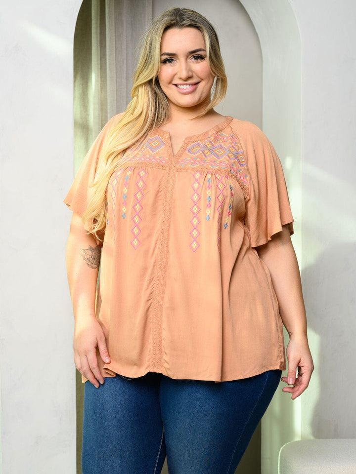 PLUS SIZE SHORT SLEEVE EMBROIDERY TUNIC TOP