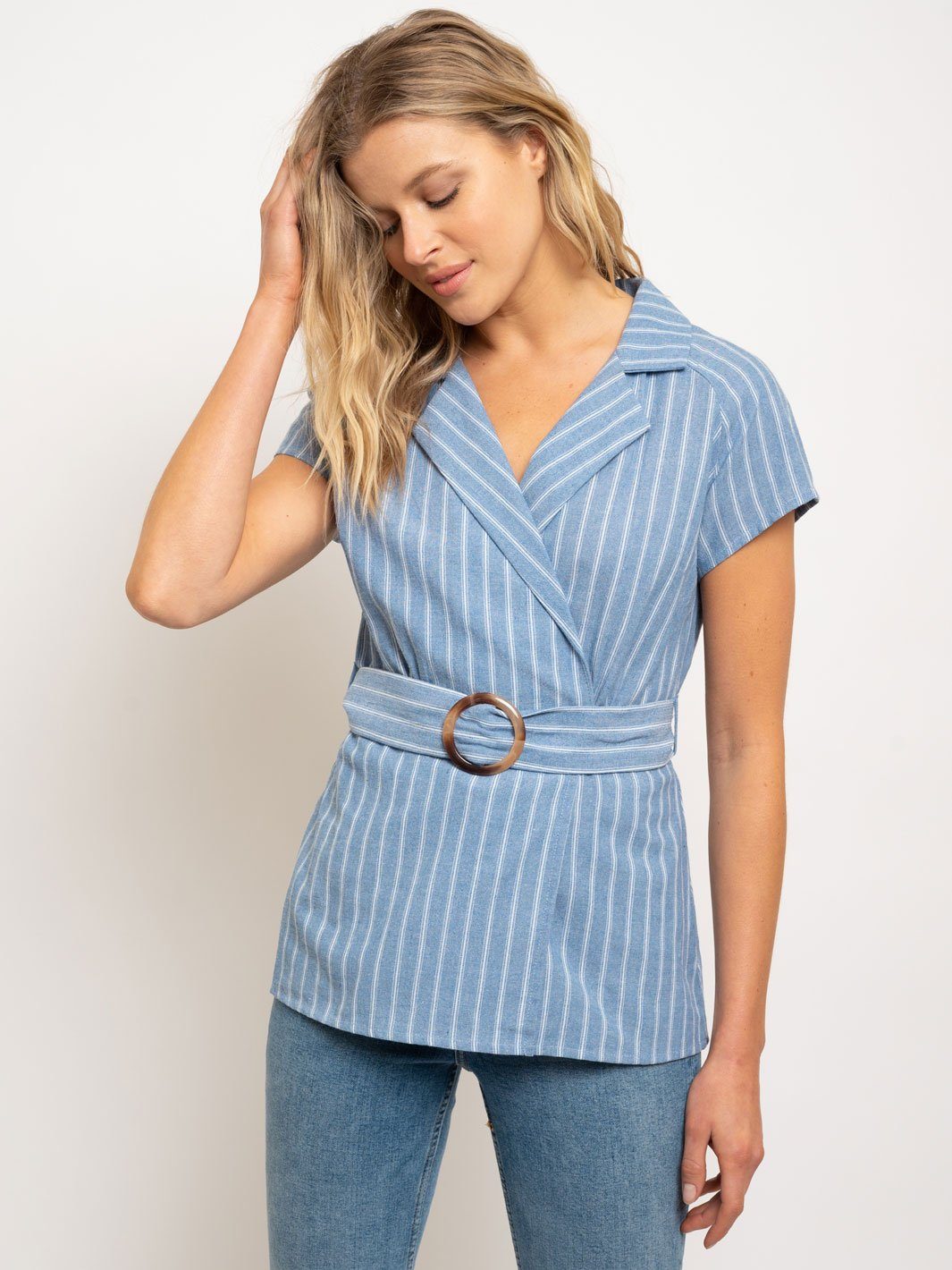 WOMEN'S V NECK WRAP FRONT BELT TOP