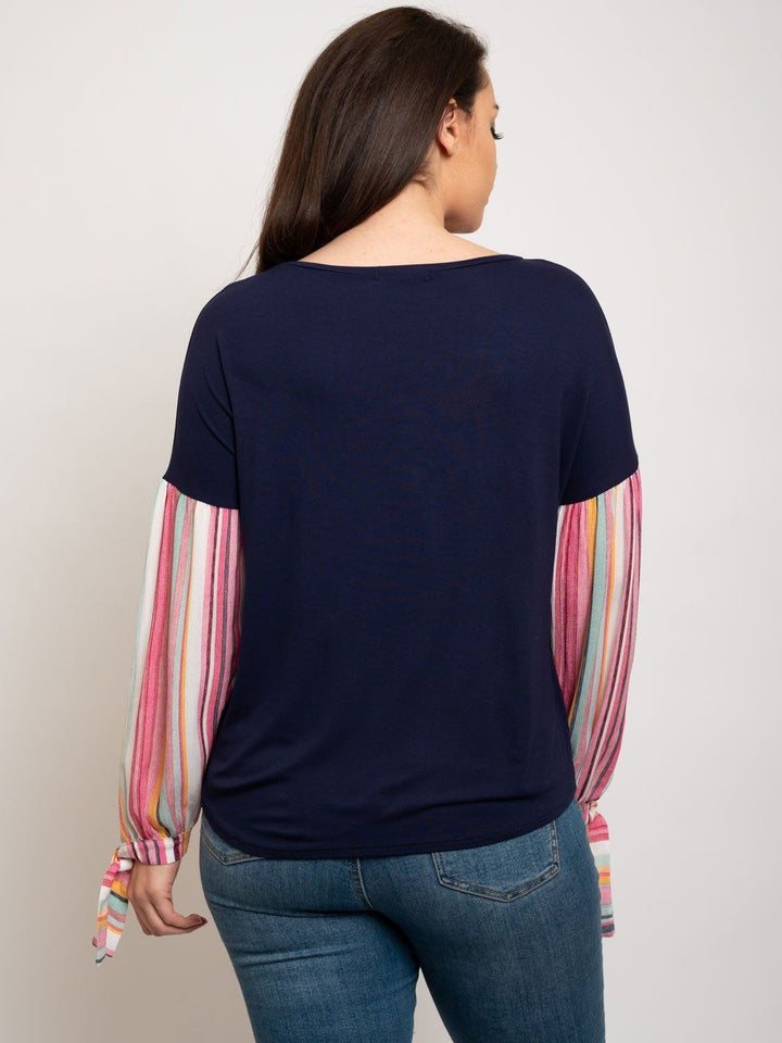 PLUS SIZE CONTRAST STRIPE COMBO SHIRRING SLEEVE TOP