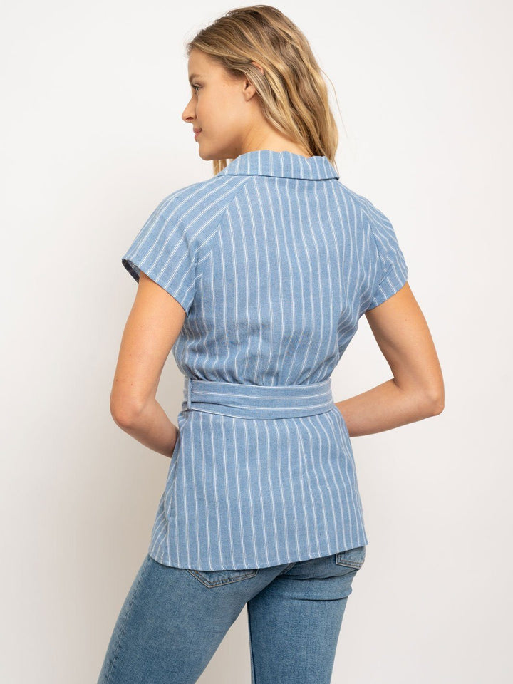 WOMEN'S V NECK WRAP FRONT BELT TOP