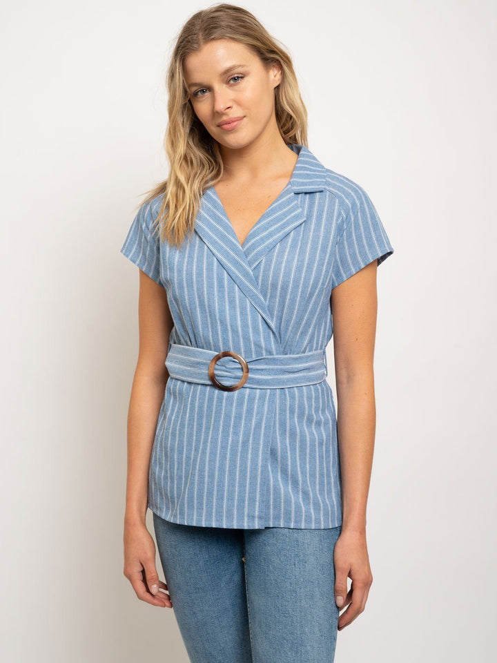 WOMEN'S V NECK WRAP FRONT BELT TOP