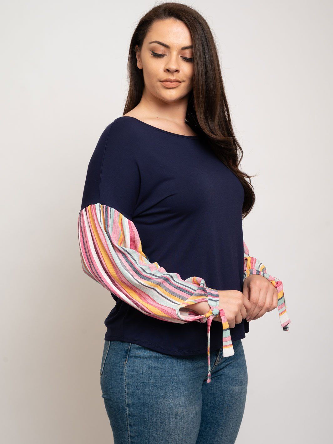 PLUS SIZE CONTRAST STRIPE COMBO SHIRRING SLEEVE TOP