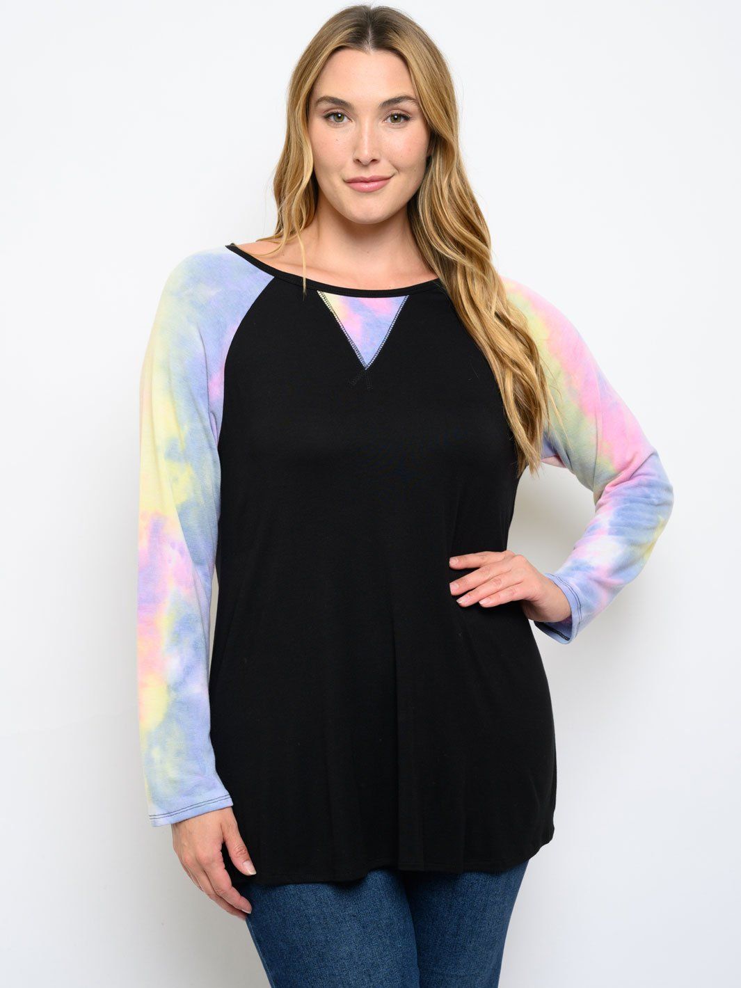 PLUS SIZE TIE DYE LONG SLEEVE TUNIC TOP