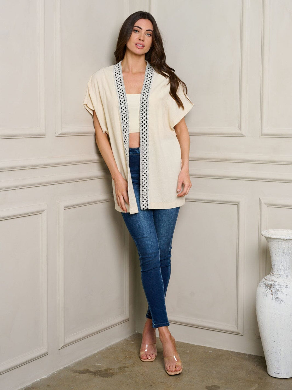 WOMEN'S SHORT SLEEVE OPEN FRONT KIMONO