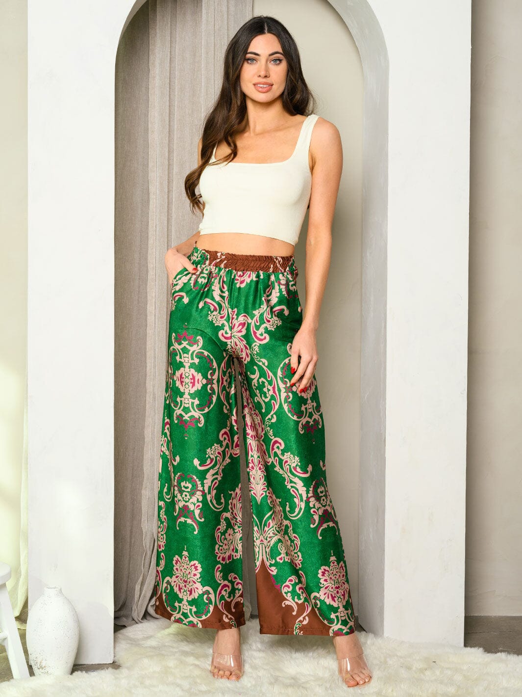 WOMEN'S WIDE LEG MULTI PRINT PANTS
