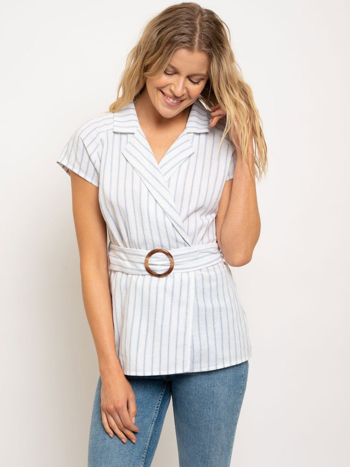 WOMEN'S V NECK WRAP FRONT BELT TOP