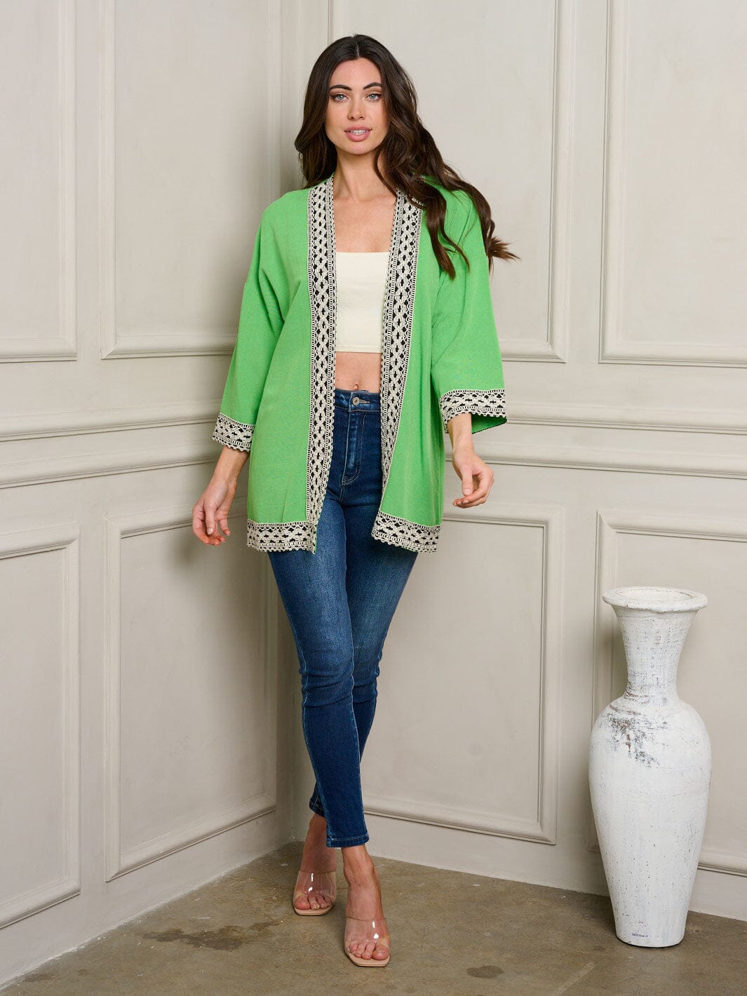 WOMEN'S SHORT SLEEVE OPEN FRONT DETAILED CARDIGAN
