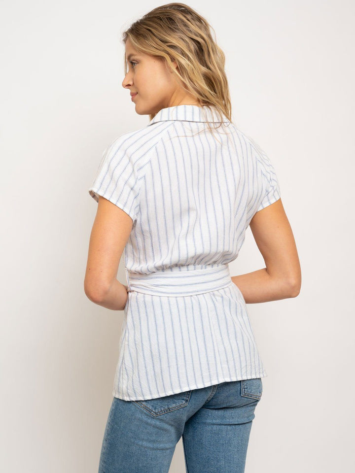 WOMEN'S V NECK WRAP FRONT BELT TOP