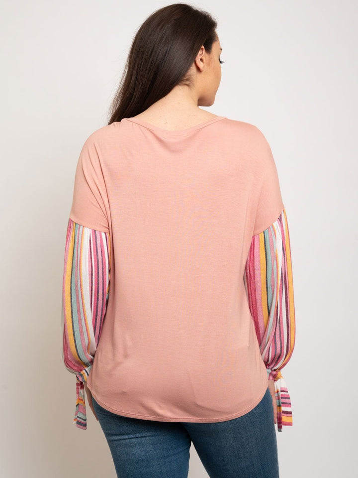PLUS SIZE CONTRAST STRIPE COMBO SHIRRING SLEEVE TOP