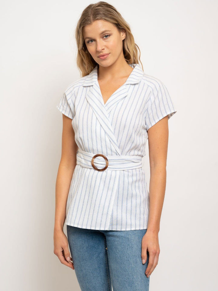 WOMEN'S V NECK WRAP FRONT BELT TOP