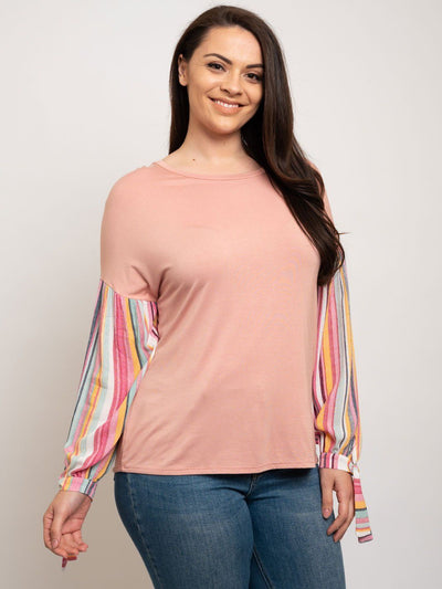 PLUS SIZE CONTRAST STRIPE COMBO SHIRRING SLEEVE TOP