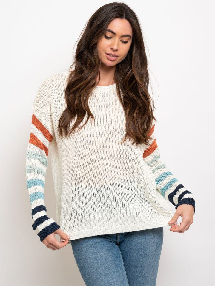 WOMEN'S MULTI STRIPES SLEEVES CREWNECK SWEATER