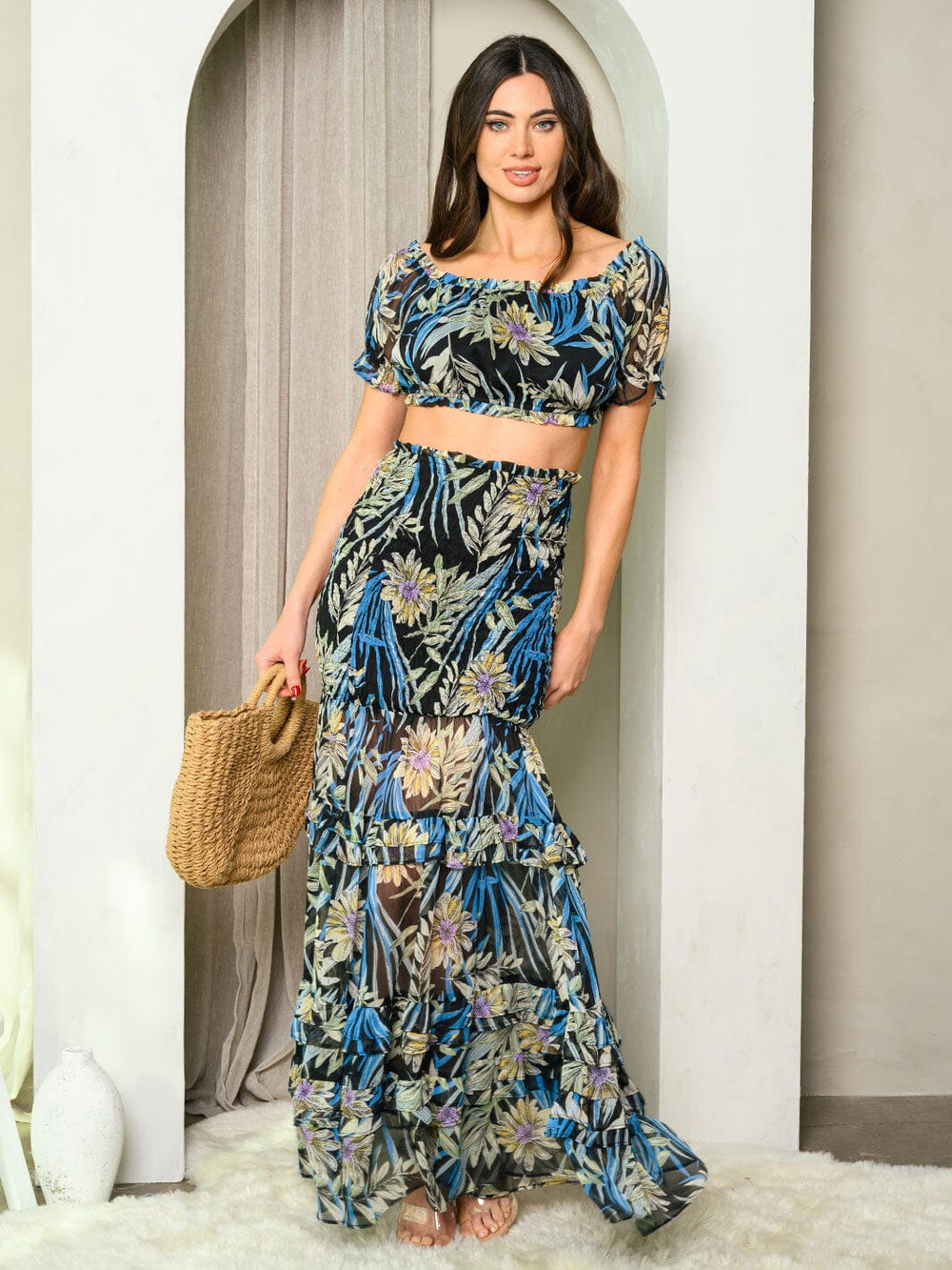 WOMEN'S OFF SHOULDER CROP TOP & MAXI SKIRT PALM FLORAL SET